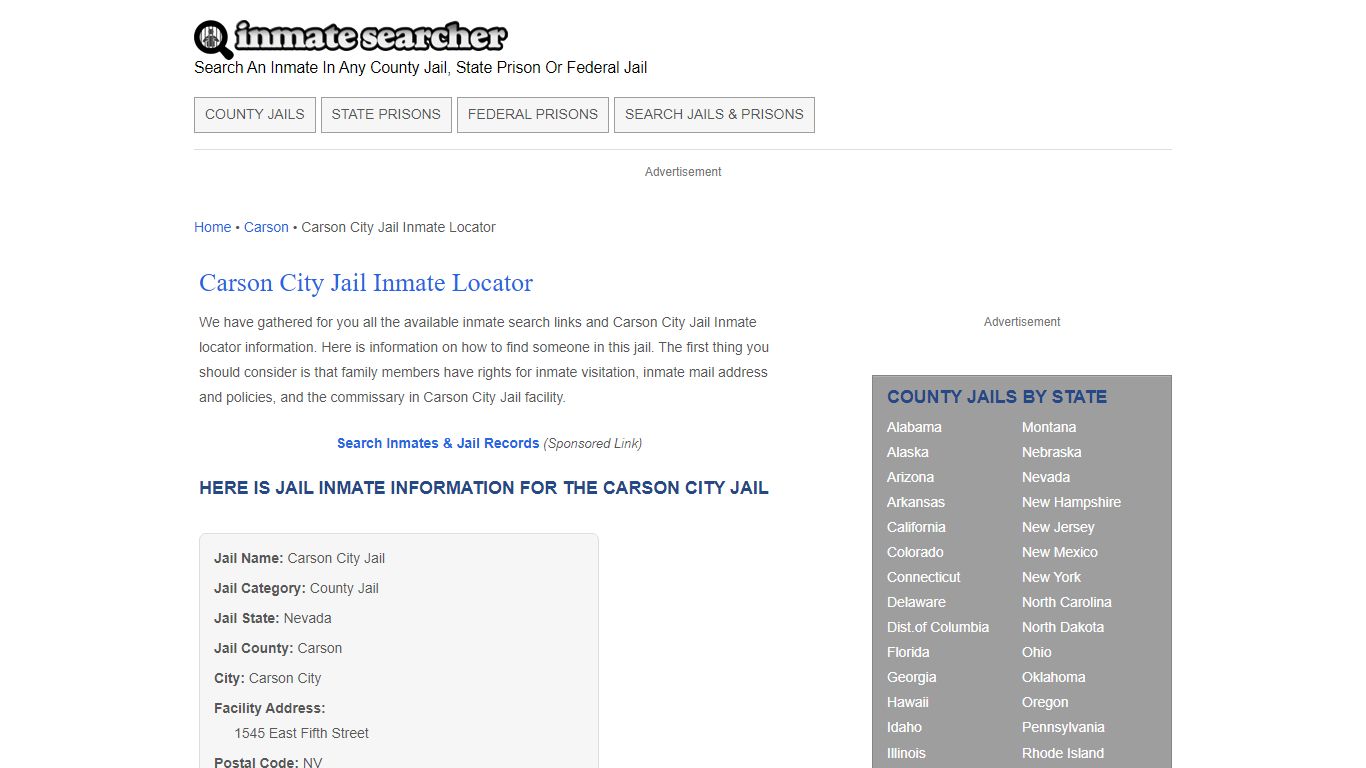 Carson City Jail Inmate Locator - Inmate Searcher